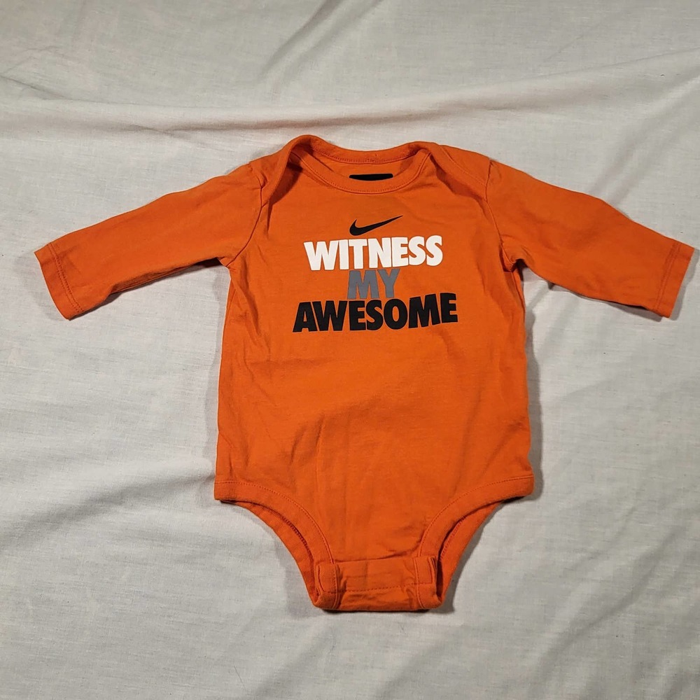 Nike 0-3 Months Long Sleeve Bodysuit Onesie Orange Witness My Awesome Swoosh